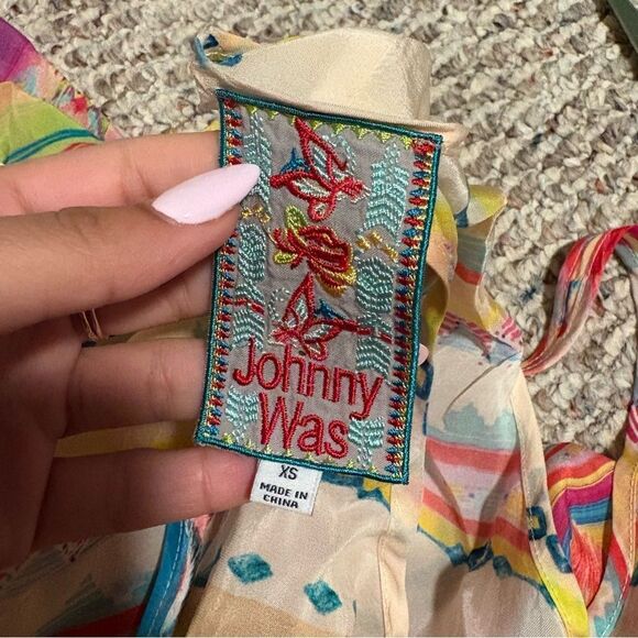 JOHNNY WAS Taleah Ribbon-Trim Georgette Tent Swing Dress Rose Beach- Size XS - Picture 9 of 11